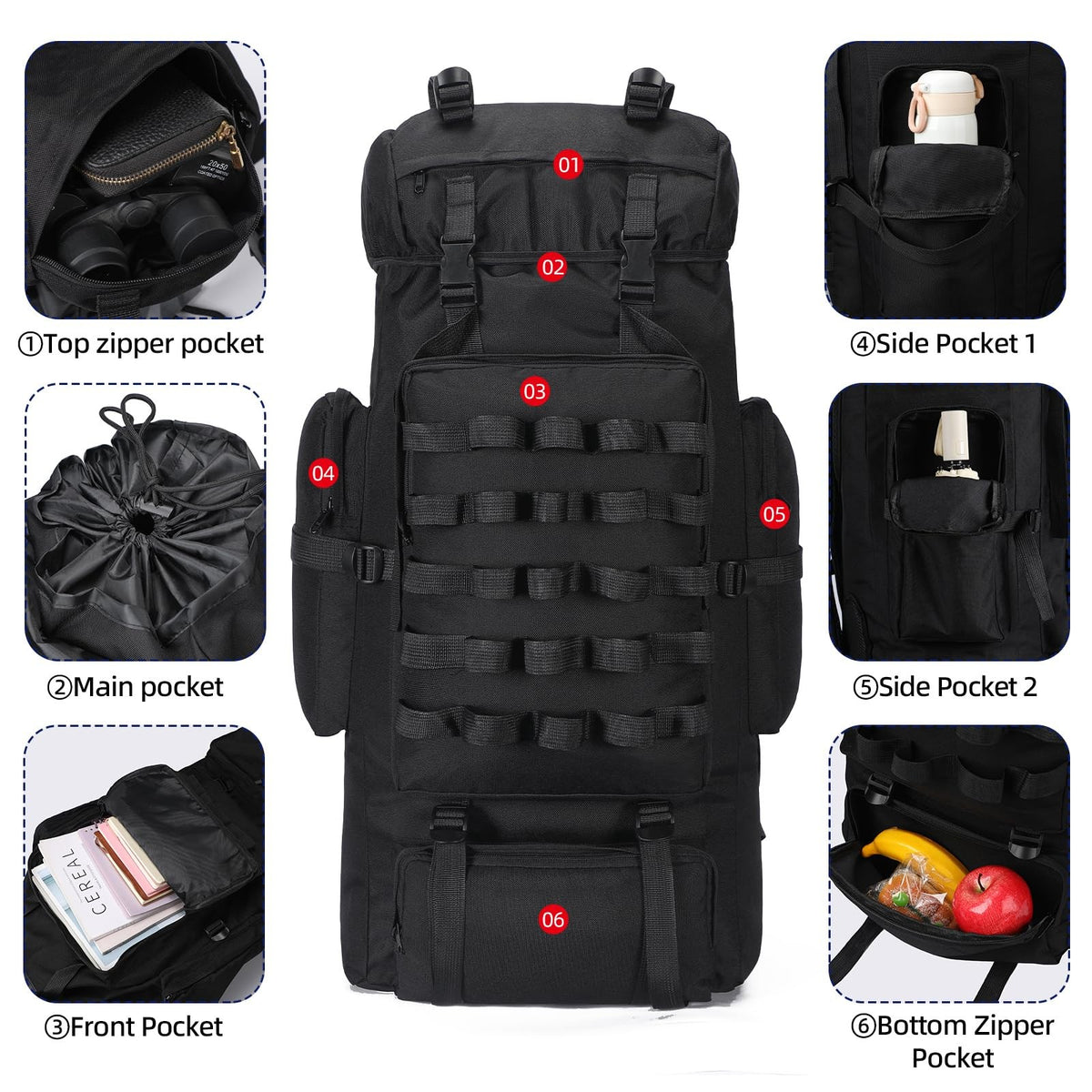 70L Waterproof Hiking Backpack with Rain Cover for Camping & Travel