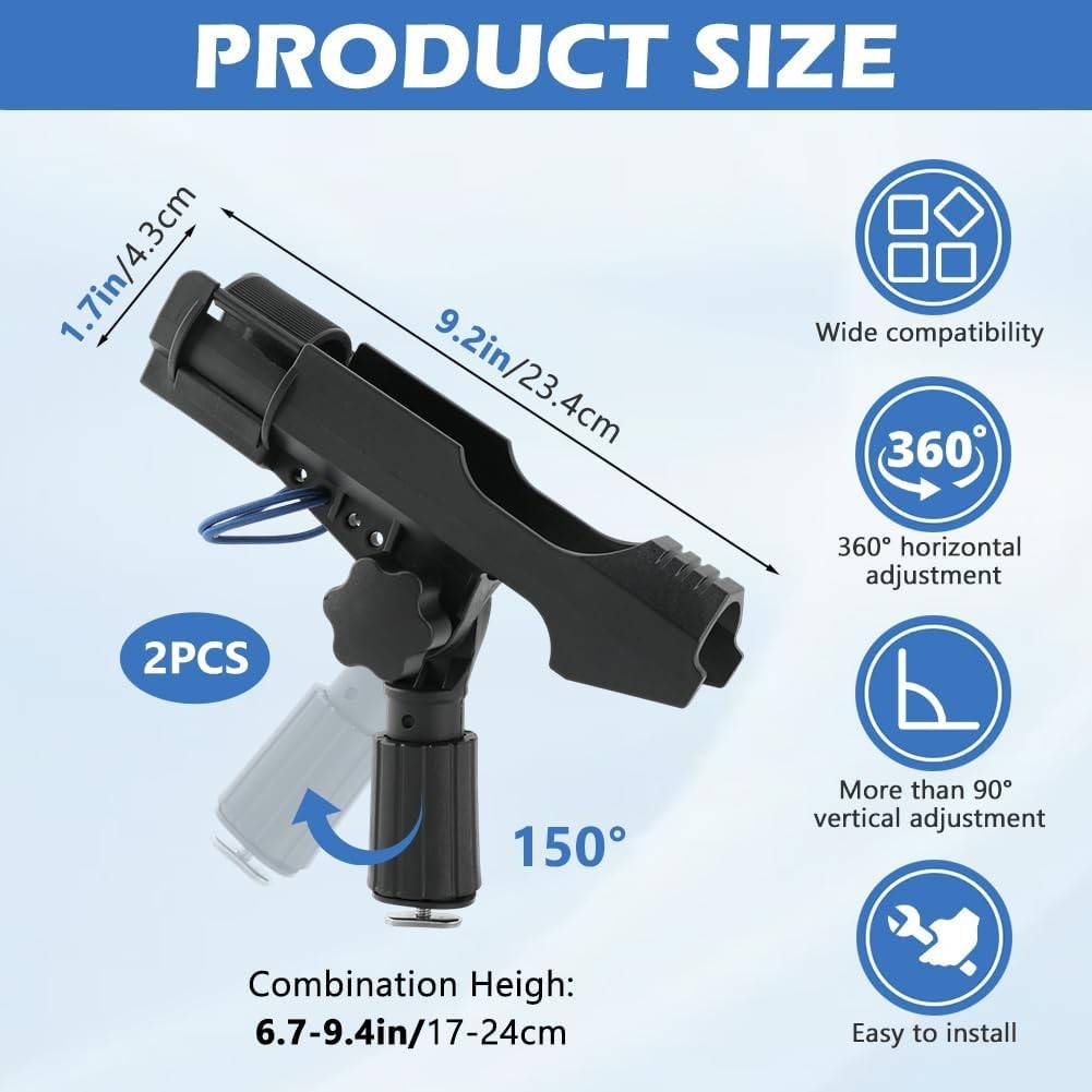 Fishing Rod Holders 2-Pack with 360° Rotation Kayak Rail Mount - Impact-Resistant ABS
