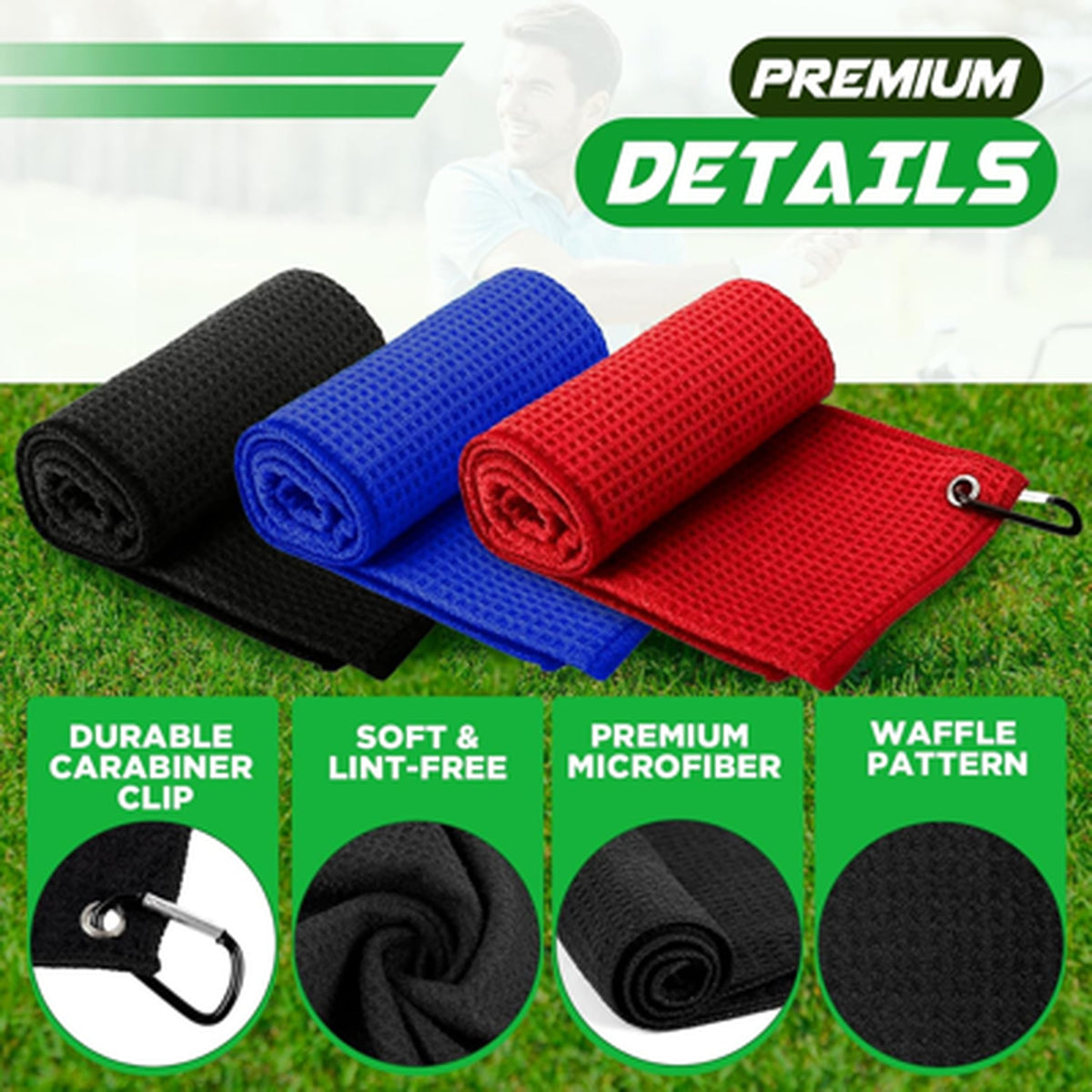 Microfiber Golf Towels 3 Pack 16x16 Inch Waffle Pattern for Club & Ball Cleaning