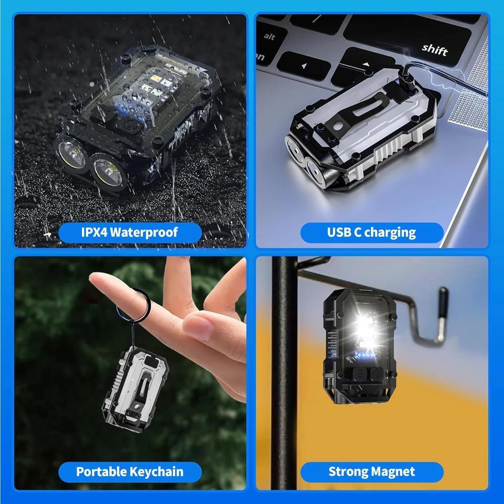 2PCS Rechargeable Mini LED Keychain Flashlight with COB Portable Light