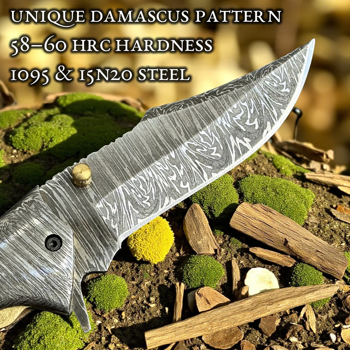 Personalized Damascus Steel Folding Knife with Ram Horn Handle and Belt Clip