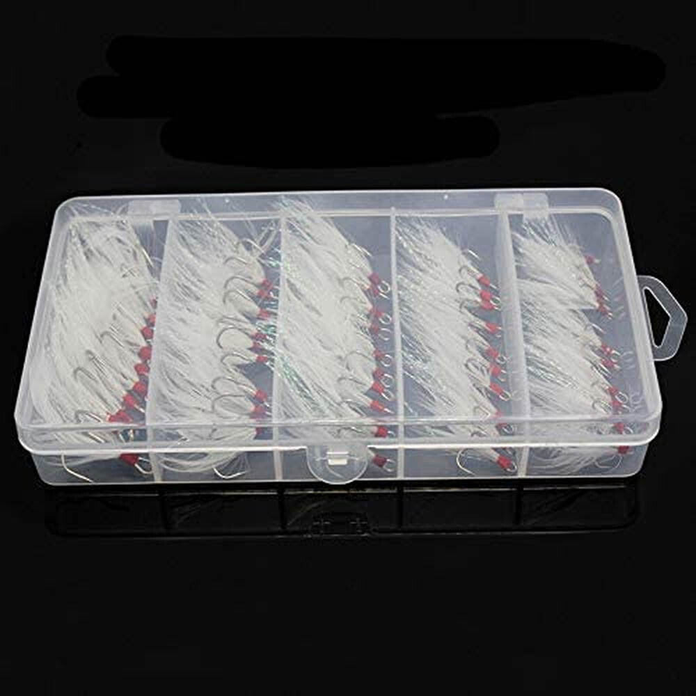 50Pcs Strong Feather Dressed Treble Fishing Hooks Set - Sizes 2-10