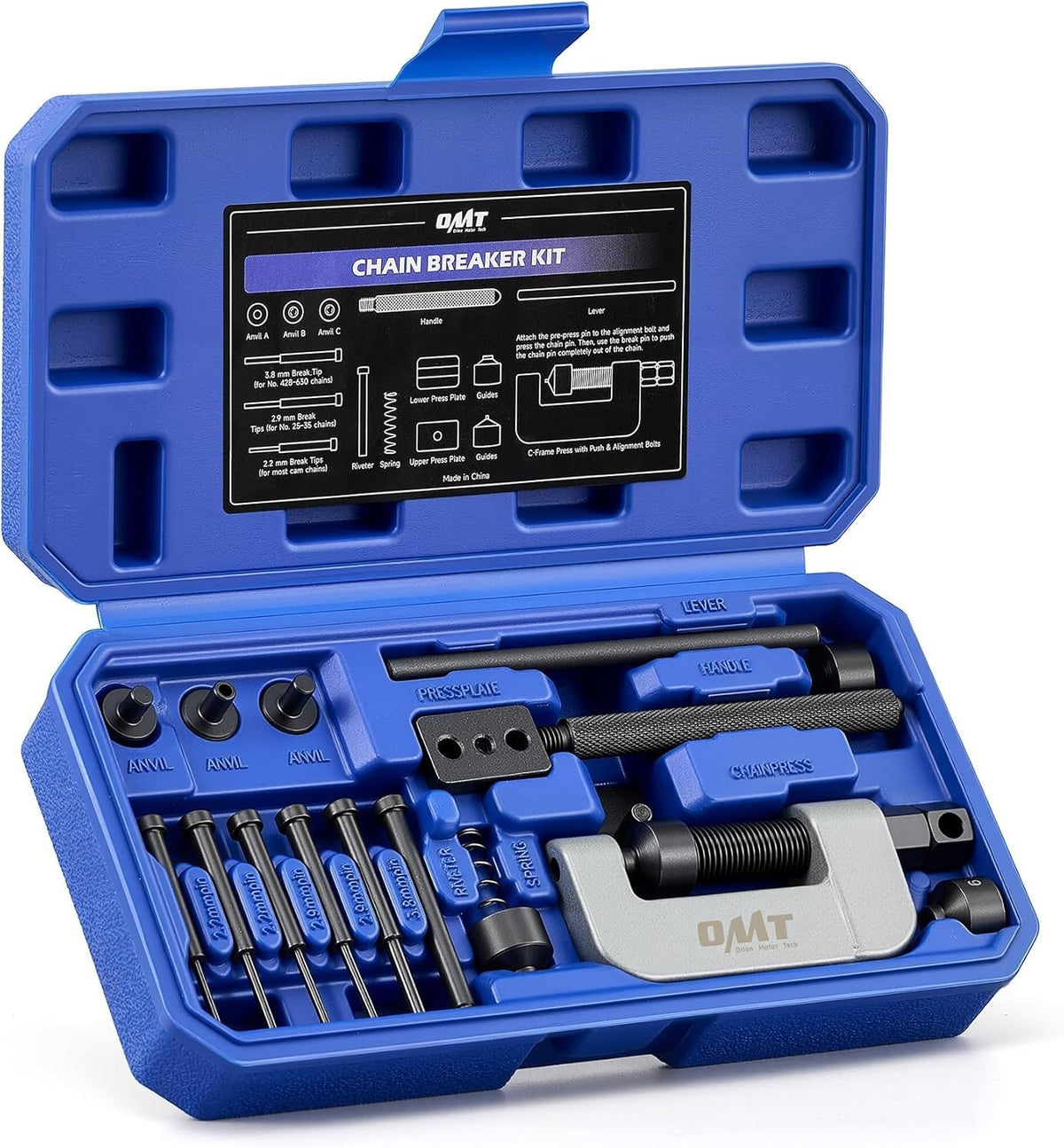 Motorcycle Chain Rivet Tool Kit 19-Piece with Powder Coated C-Frame for Chain Maintenance