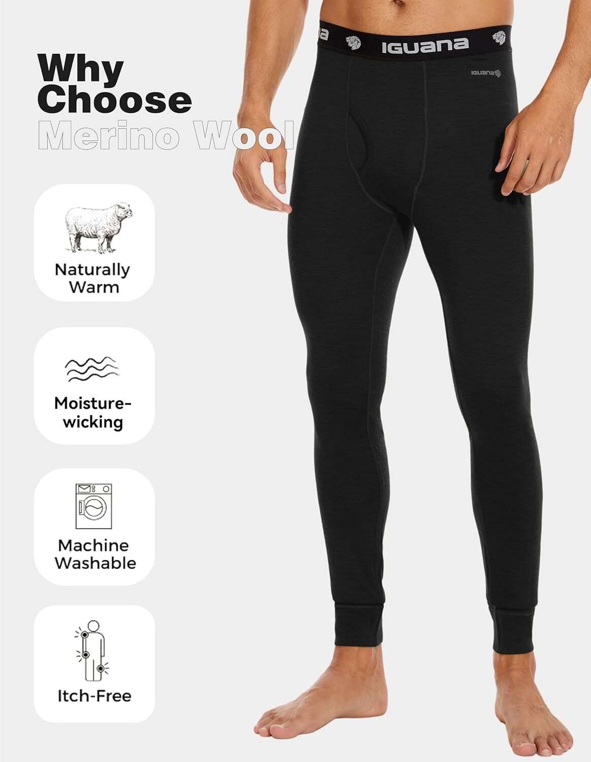 Men's Merino Wool Base Layer Pants - Thermal Long Johns for Winter