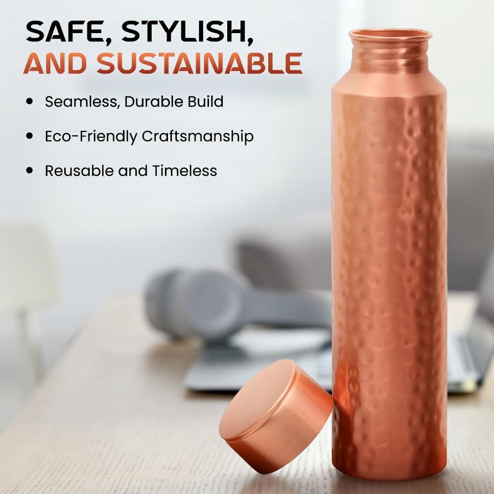 Pure Copper Water Bottle 37.2 OZ Handmade Hammered Finish Leak-Proof Travel Flask