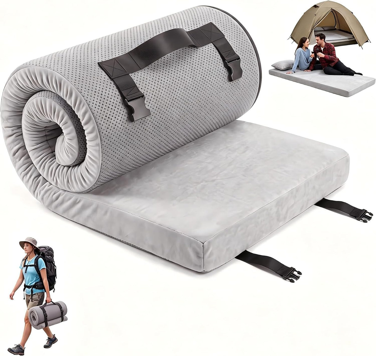 Memory Foam Camping Mattress Pad - Portable Roll-Up Sleeping Mat, Full Size Options