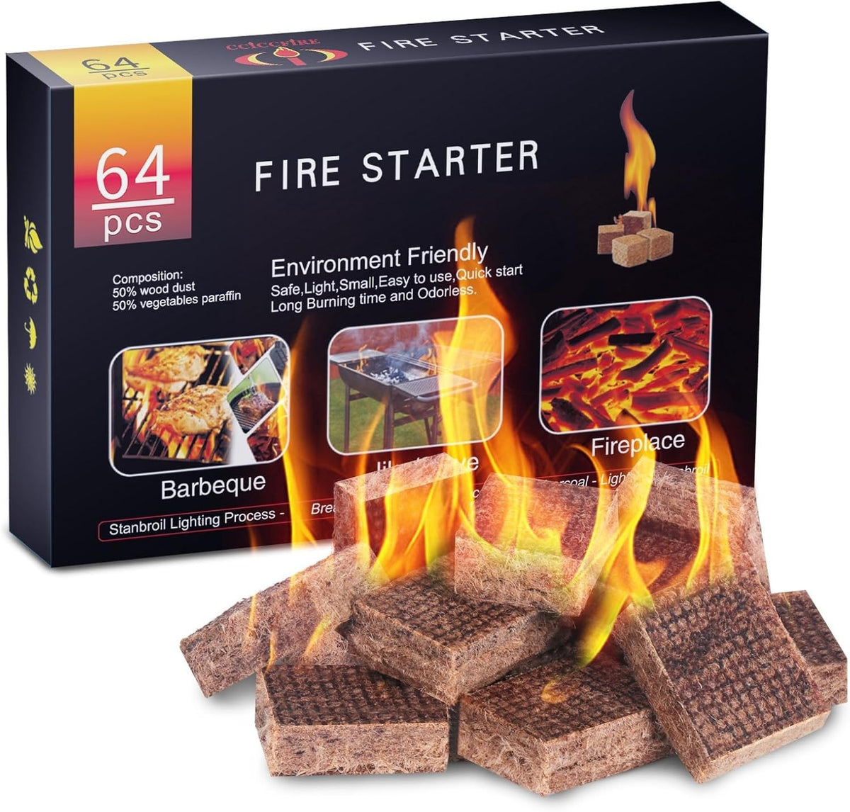 Fire Starter Squares 64 Pack - Odorless, Waterproof Camping & Fireplace Igniters