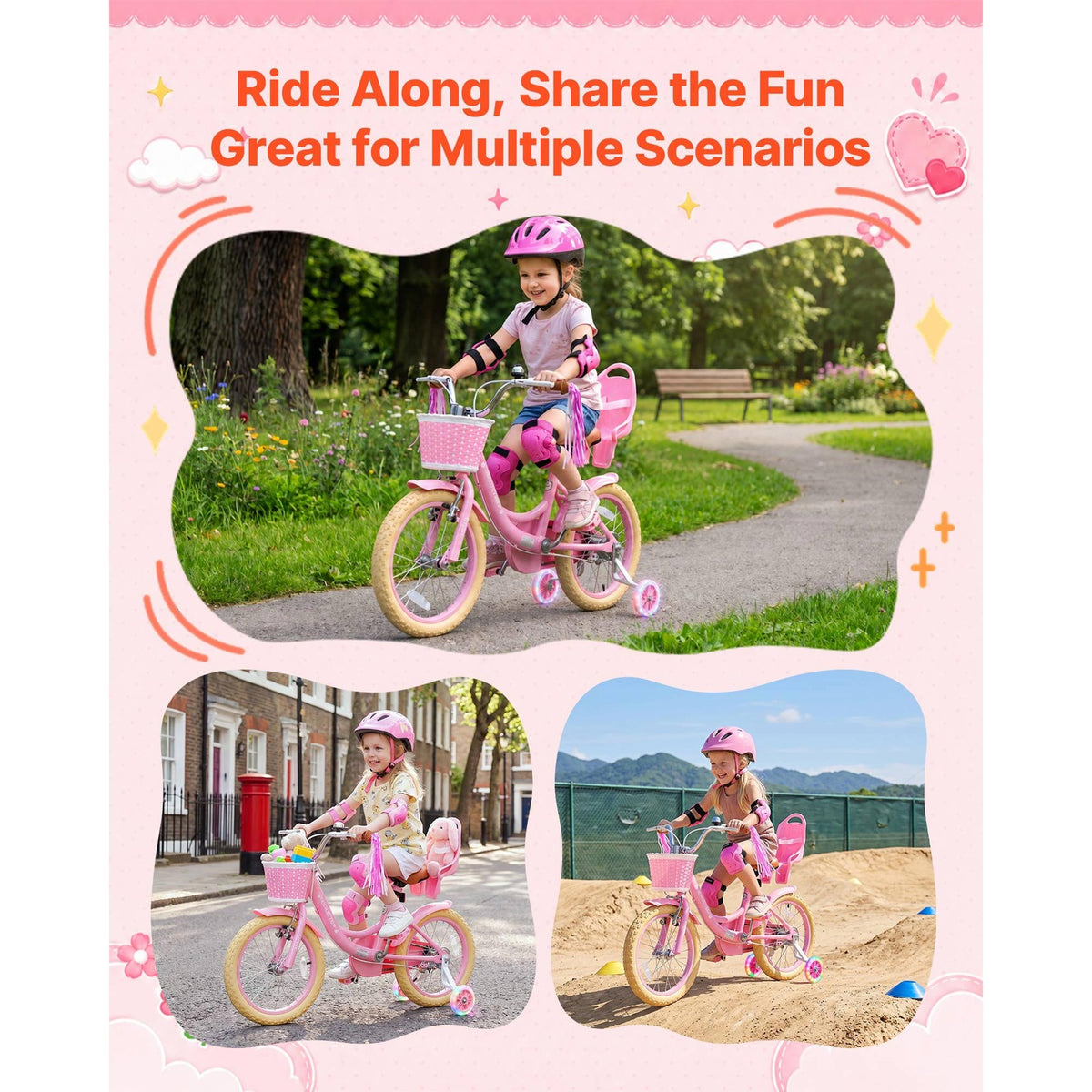 Kids' 16-Inch Bicycle with Training Wheels for Girls, Dual Brakes, Pink