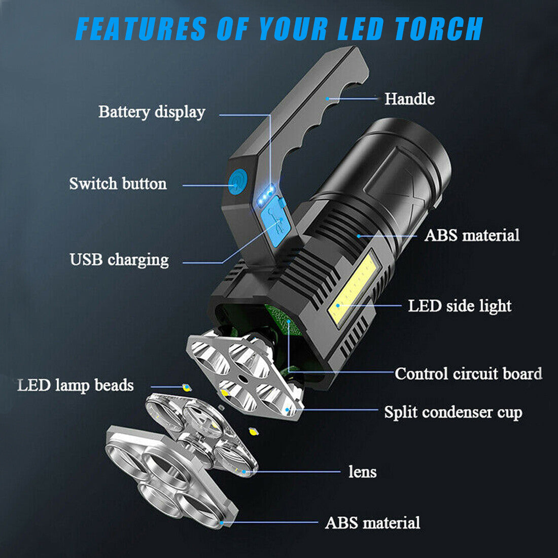 Rechargeable LED Flashlight Handheld Spotlight Waterproof Portable Torch