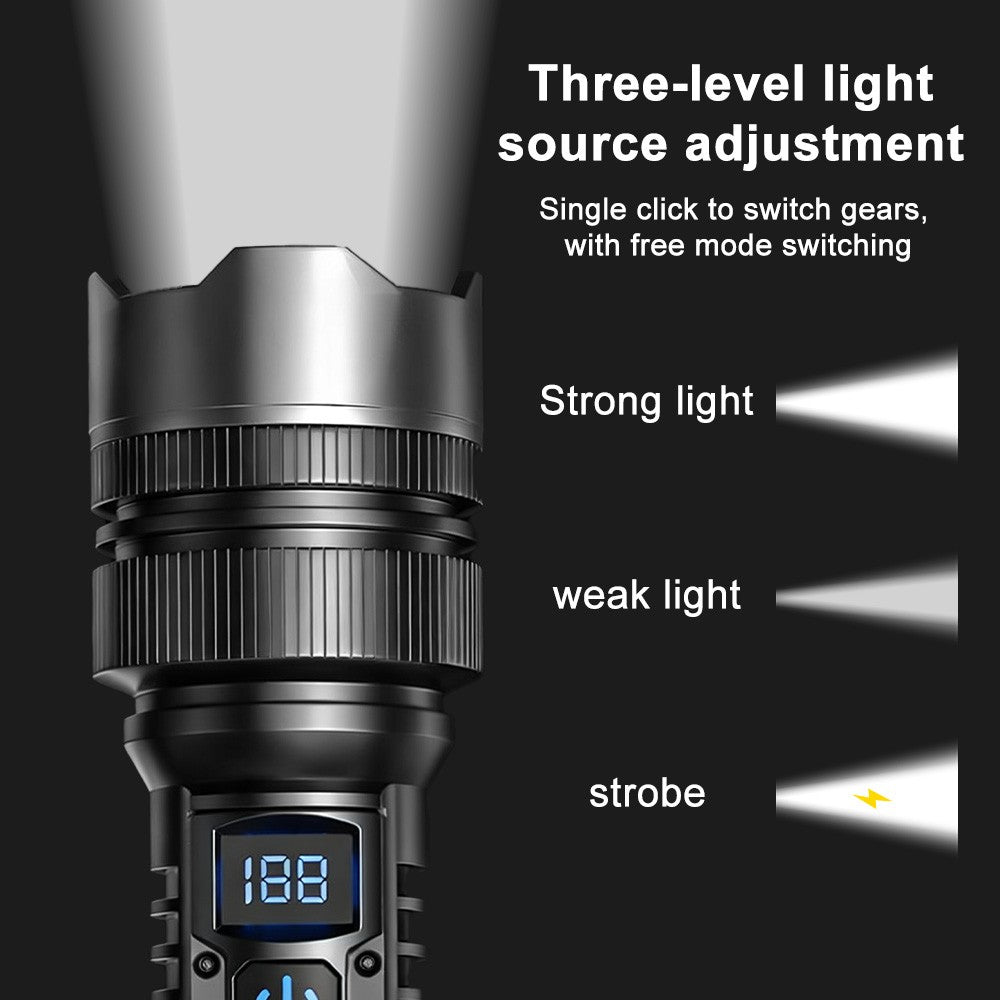 Rechargeable LED Tactical Flashlight with Zoom & Power Display - 20W, 500m Range