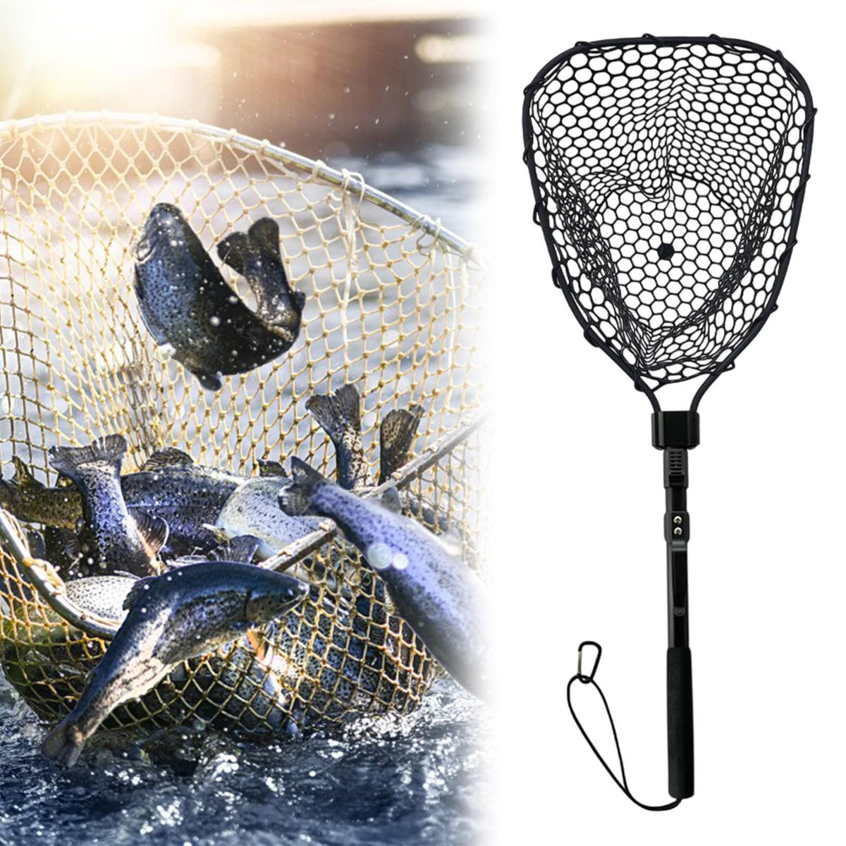 Folding Fishing Landing Net with Rubber Mesh and Aluminum Frame
