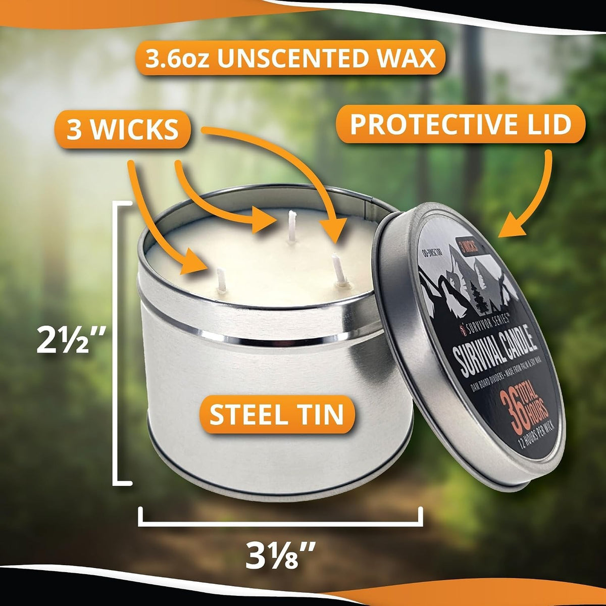 3-Wick Emergency Candle 36-Hour Long Burn Soy & Palm Wax Survival Light