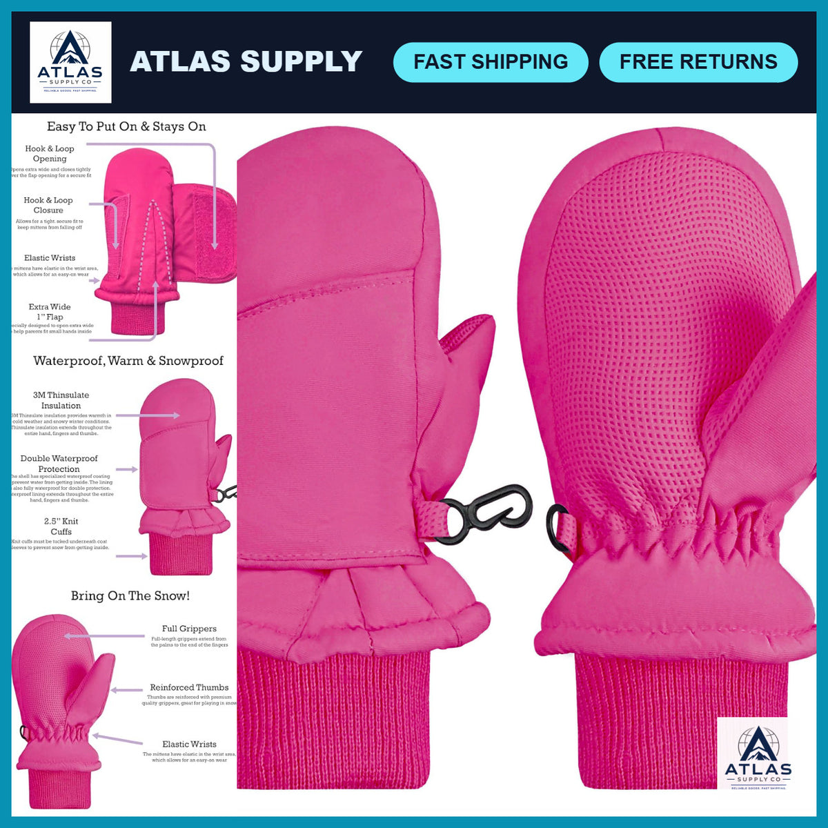 Kids Waterproof Snow Mittens - Insulated Winter Gloves for Snow Play