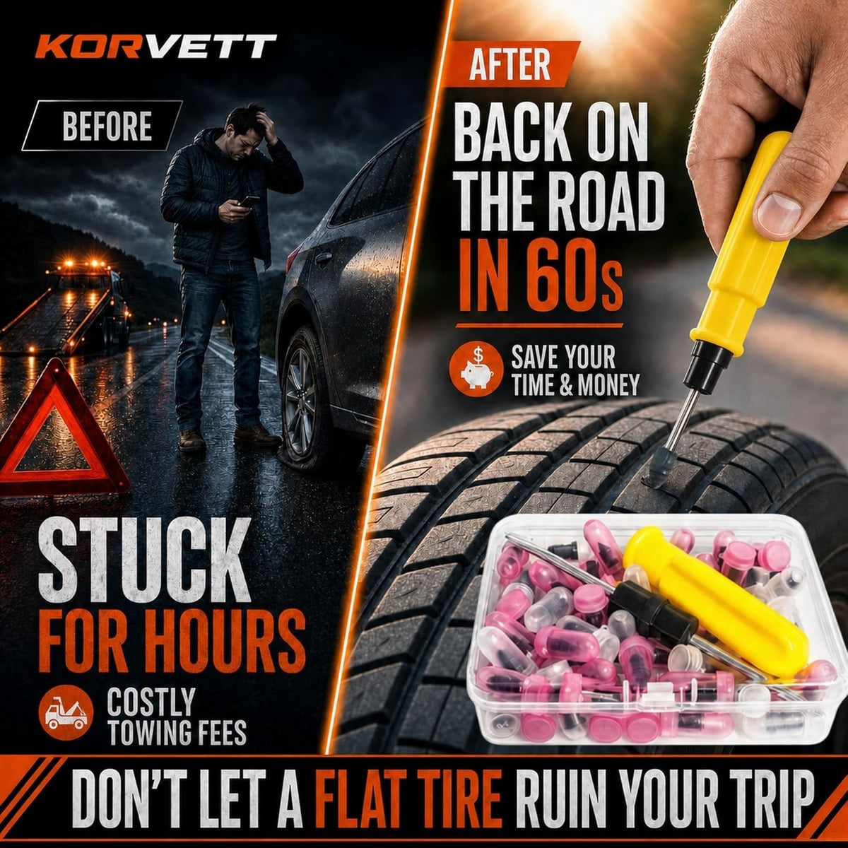 Automotive Tire Repair Kit with 60 Self-Drilling Screw-in Plugs & Screwdriver