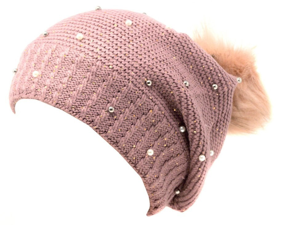 Women's Winter Cable Knit Beanie Hat with Pom Pom Fur Lining Warm Accessory