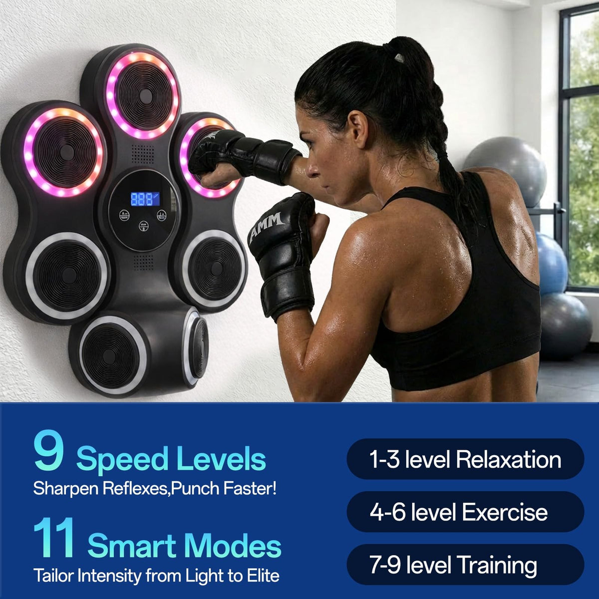 Adult Music Boxing Machine with Gloves, 11 Modes, Bluetooth & Impact Pads