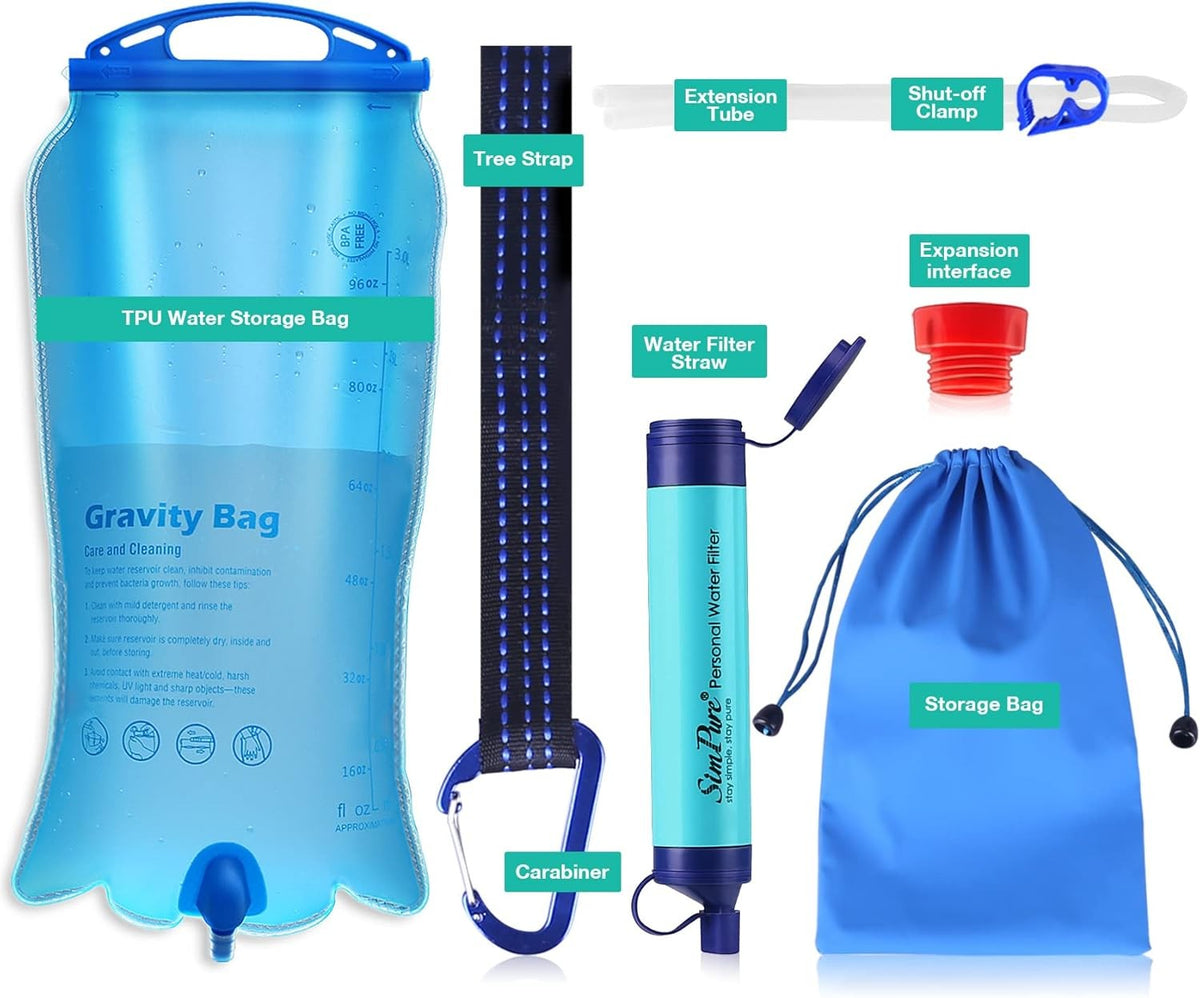 Gravity Water Filter Straw with 3L Water Bag - Portable Camping & Emergency Water Purifier