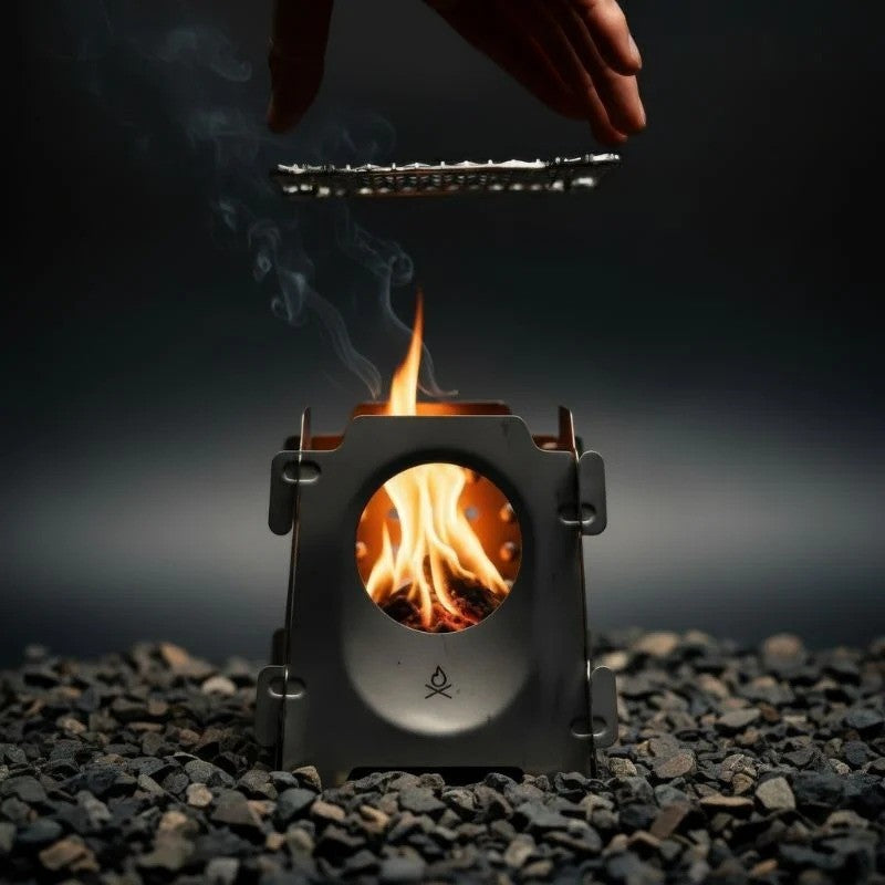 Ultralight Titanium Camping Stove with Flatpack Design and Cooking Grill