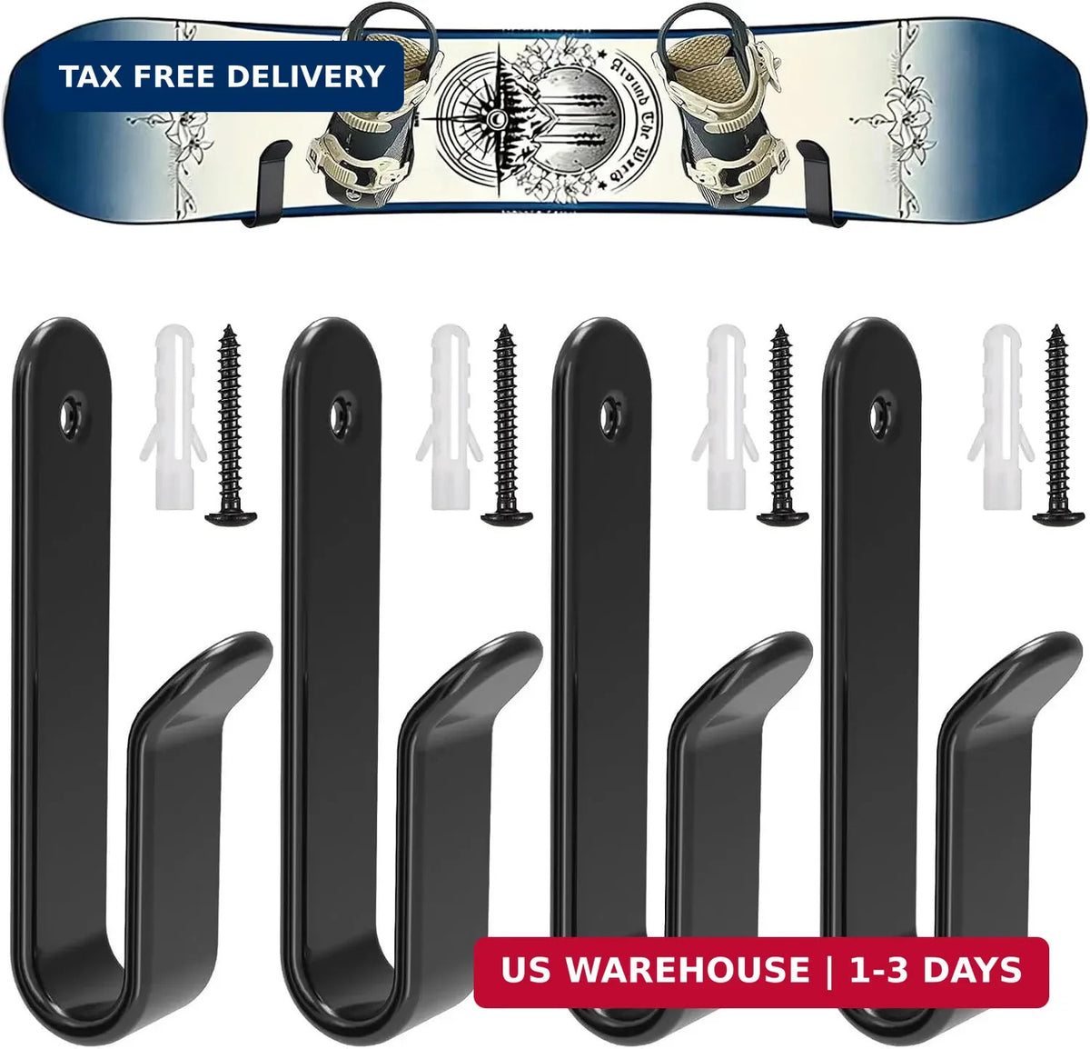 Snowboard Wall Mount Clips Set - Indoor Snowboard & Skateboard Storage