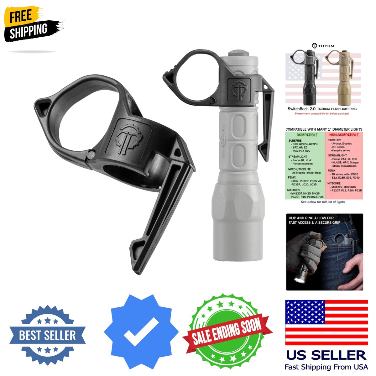 Releasable Flashlight Ring with Pocket Clip for Tactical Use - Large 2.0