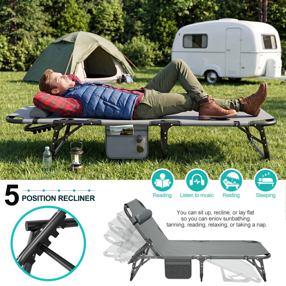 Heavy-Duty Camping Cot for Adults with Foldable Mattress and Adjustable Backrest