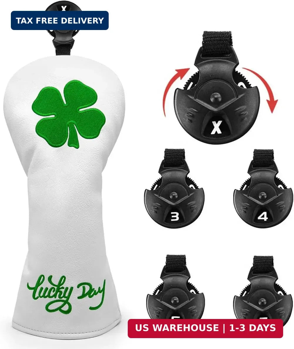 Golf Club Head Covers Set with Lucky Clover Embroidery and Interchangeable Number Labels