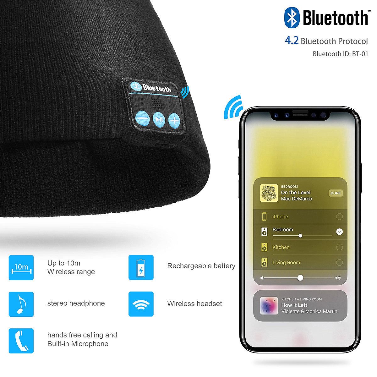 Winter Bluetooth Beanie Hat with Headset and Microphone, Wireless Audio