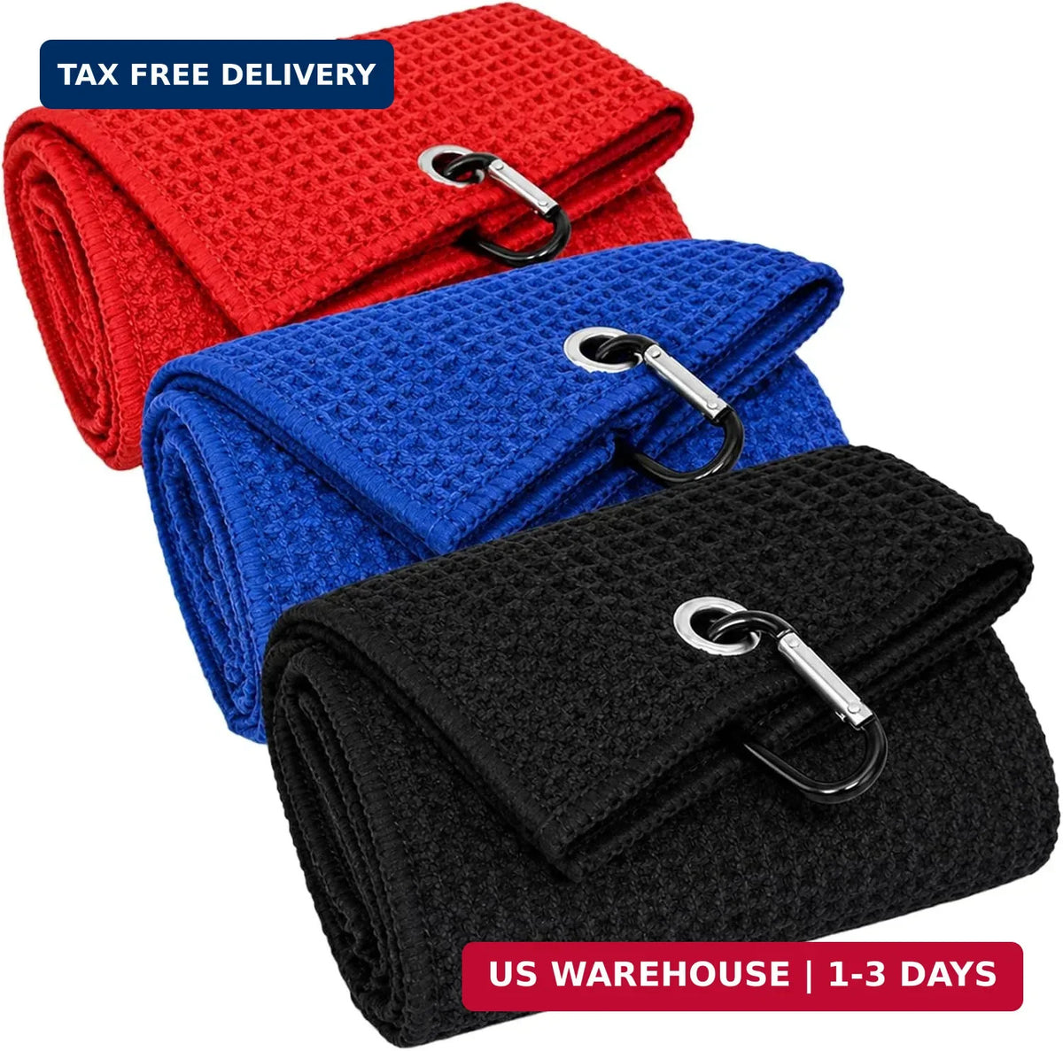 Golf Towel 3 Pack - Microfiber Waffle Pattern, 16x16 Inches, Absorbent Cleaning Towels