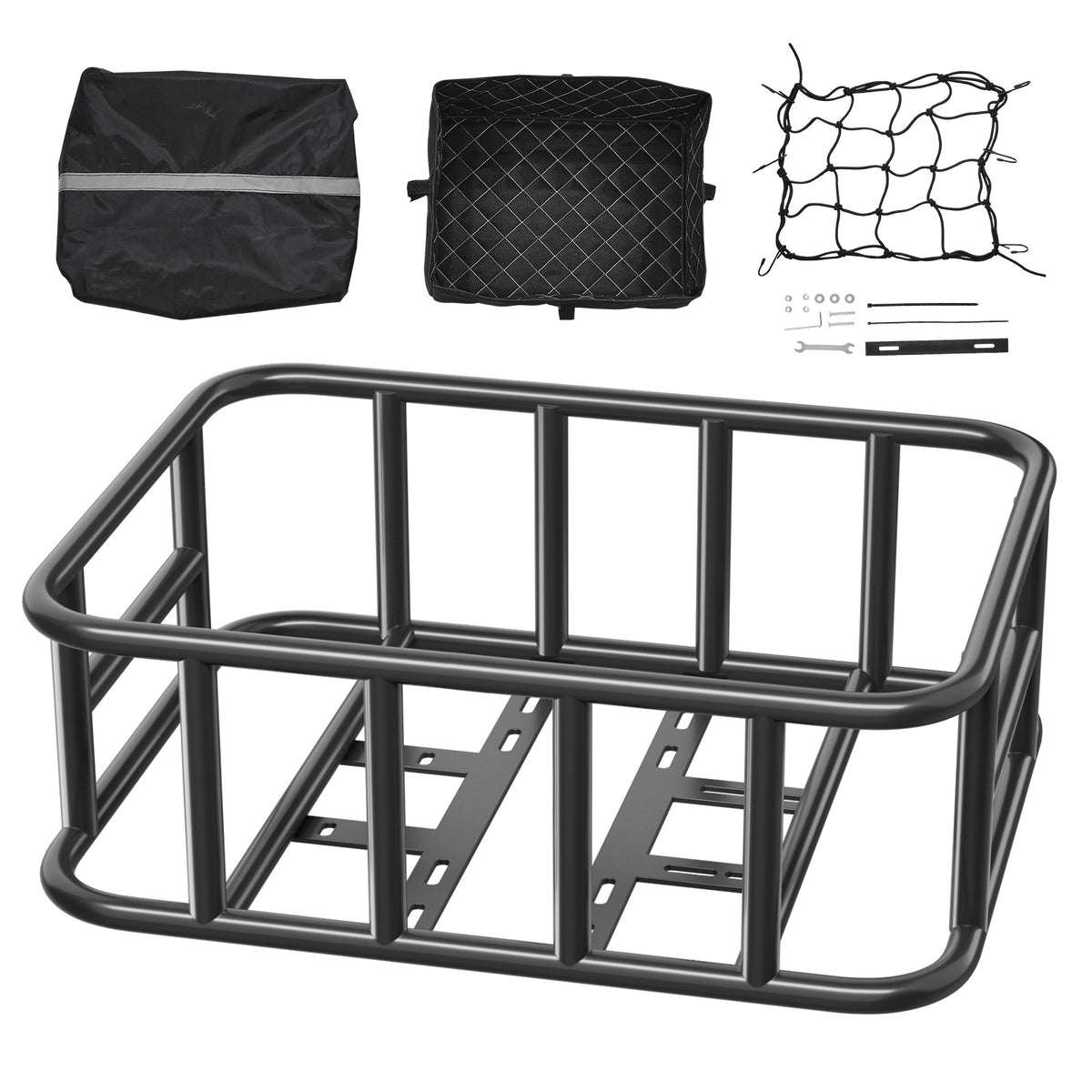 Bike Rear Cargo Basket with Rainproof Cover, Heavy-Duty Metal, 110 lbs Capacity