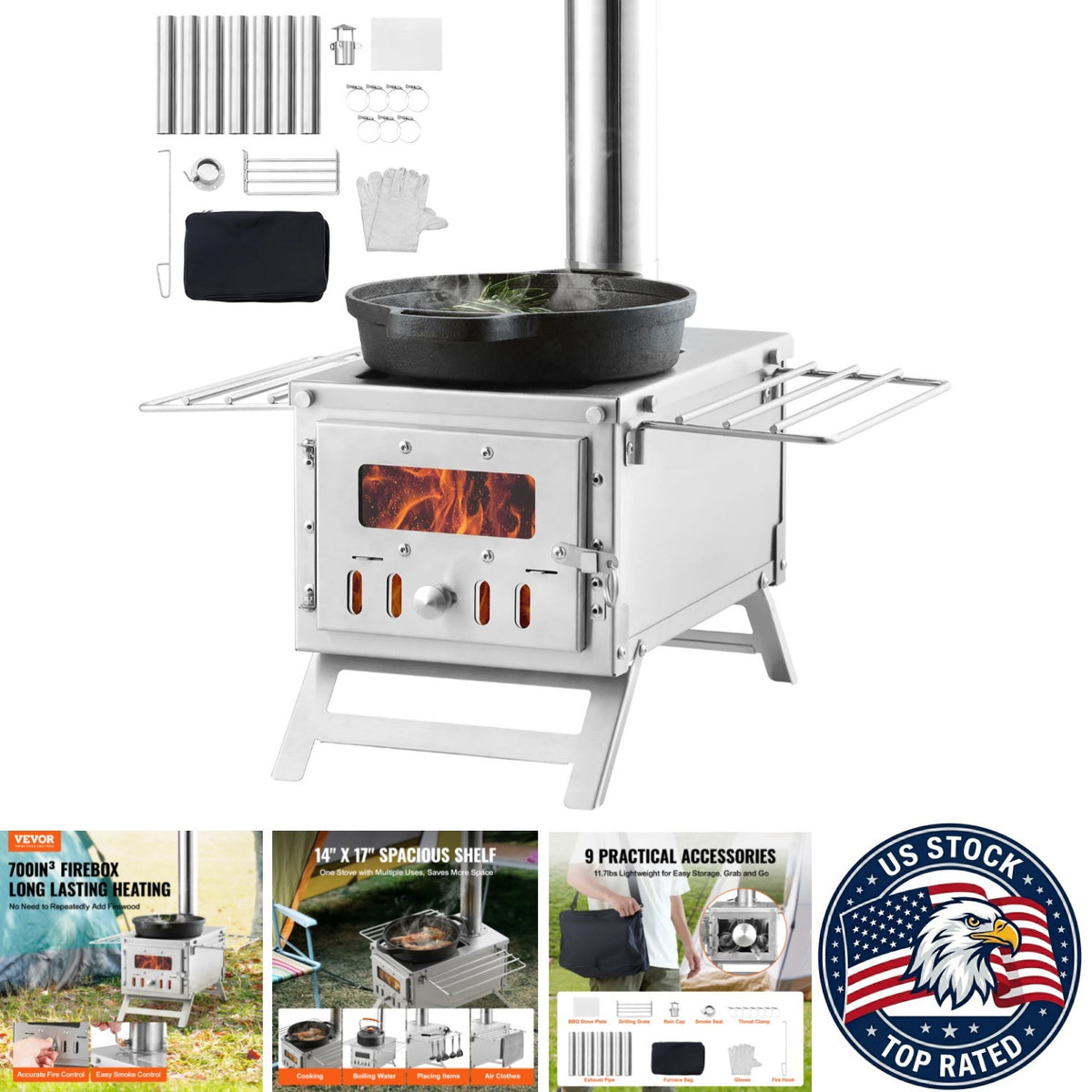 Portable Wood Stove for Camping Tent Stainless Steel Outdoor Heater & Cooker
