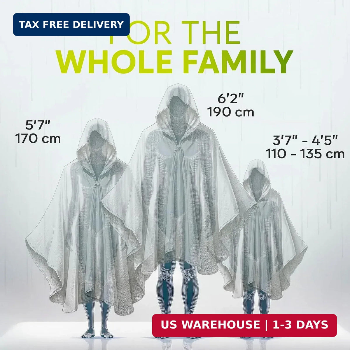 Disposable Rain Ponchos for Adults & Kids - Family Pack, Clear, Compact, Breathable, Emergency Hooded Cover