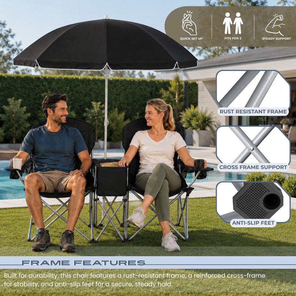 Portable 2-Person Folding Picnic Chair with Umbrella Cooler and Cup Holders