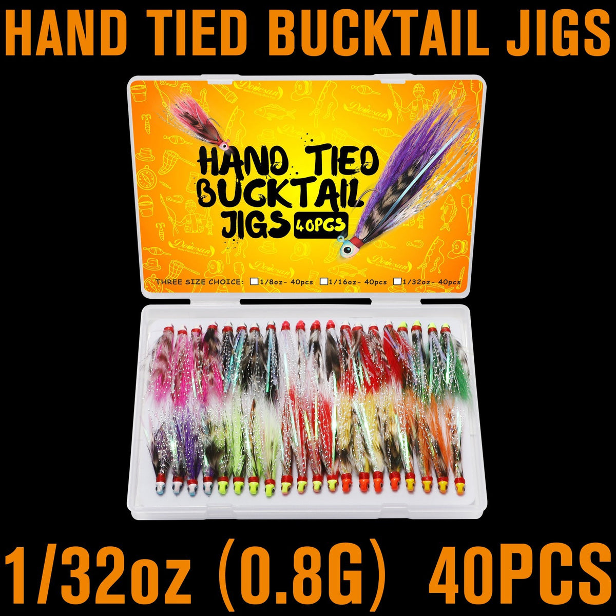40PCS Fishing Jigs Kit - Hand-Tied Crappie Bucktail Hair Lures with 3D Eyes and V-Style Hooks