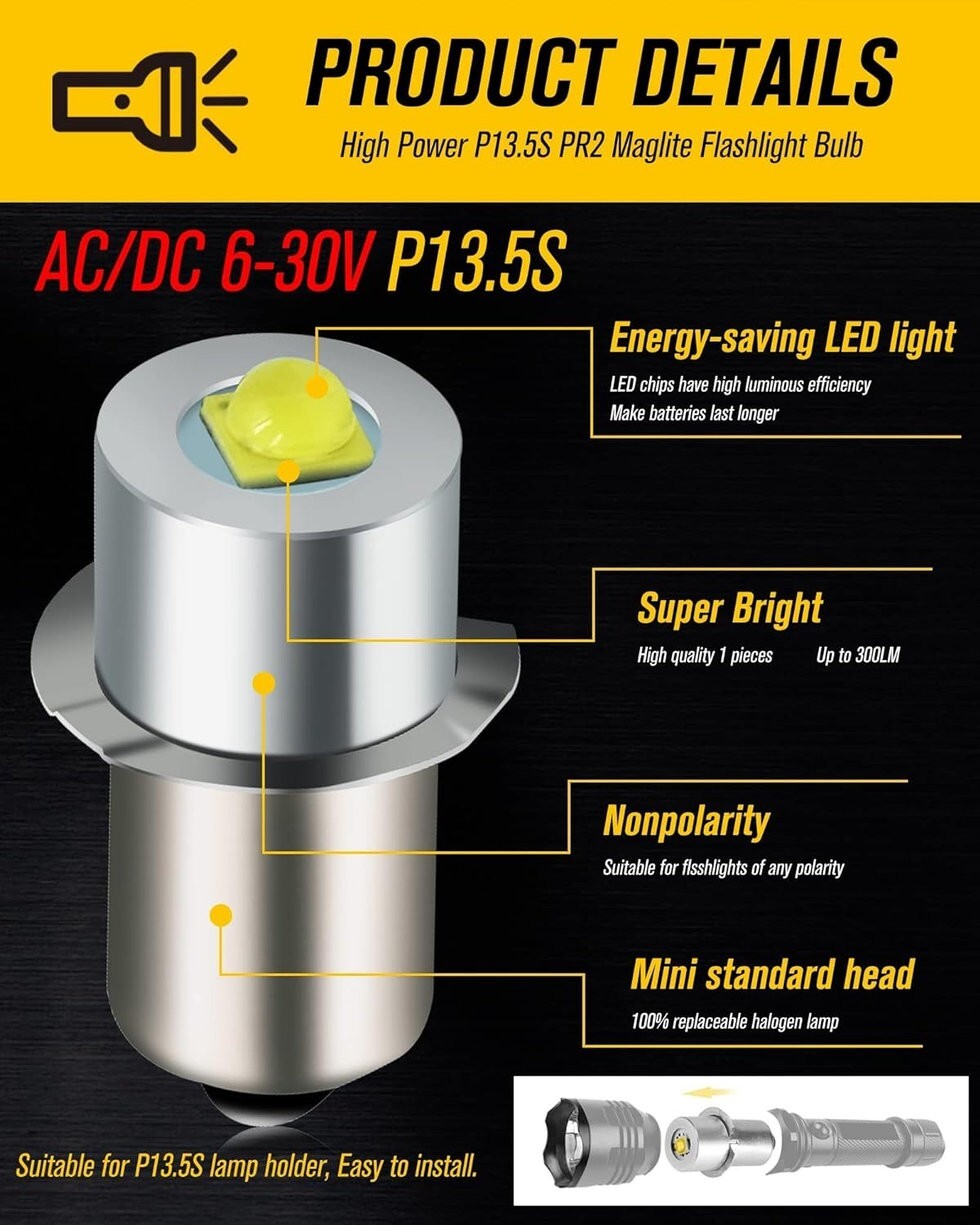 LED Flashlight Bulb 380 Lumens 2 Pack Compatible with Maglite 3-6 Cell