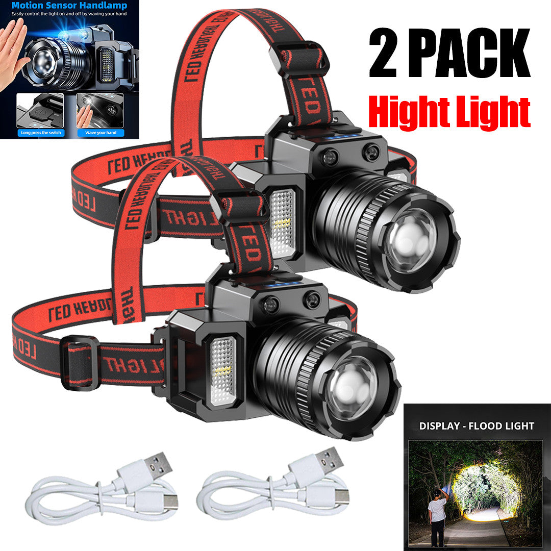 Rechargeable Sensor Headlamp with Zoom, 2000mAh, 5 Lighting Modes, IPX4 Waterproof