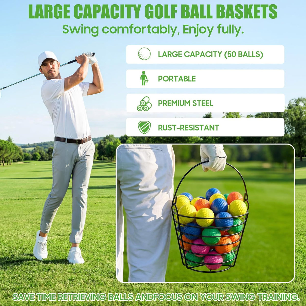 Metal Golf Ball Basket Set with Handle - Holds 50 Balls Each, Practice Range Storage Bin