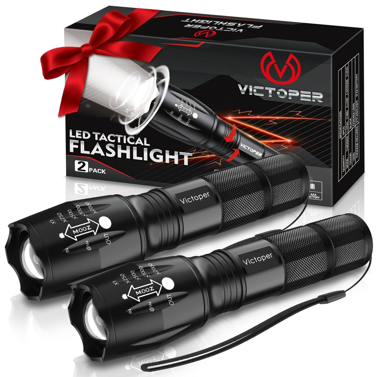 Bright Tactical LED Flashlight 2 Pack Waterproof High Lumens 5 Modes