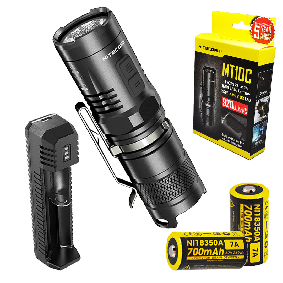 Compact Tactical Flashlight with Red & White LEDs, Batteries & Charger