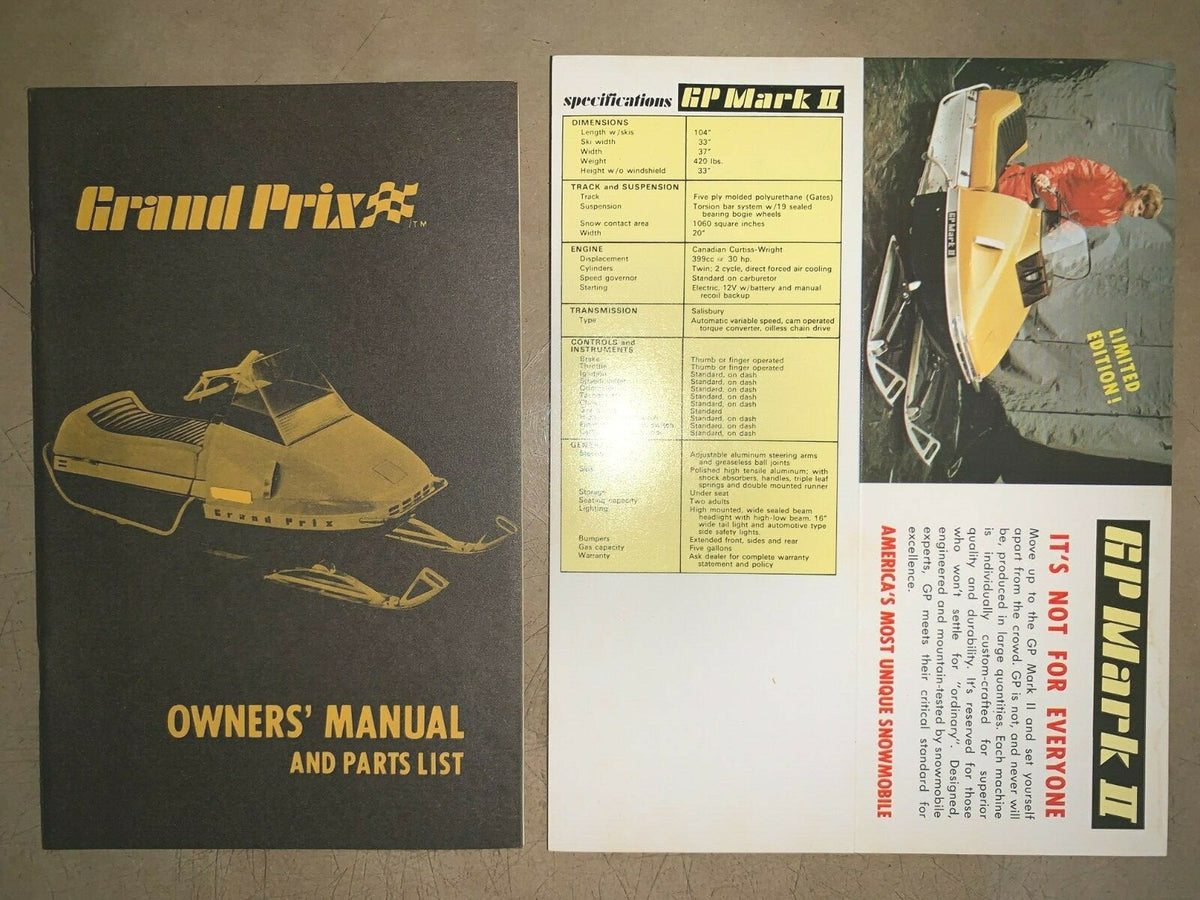1971 Boatel Grand Prix Snowmobile 400cc OEM Owner's Manual & Brochure Set