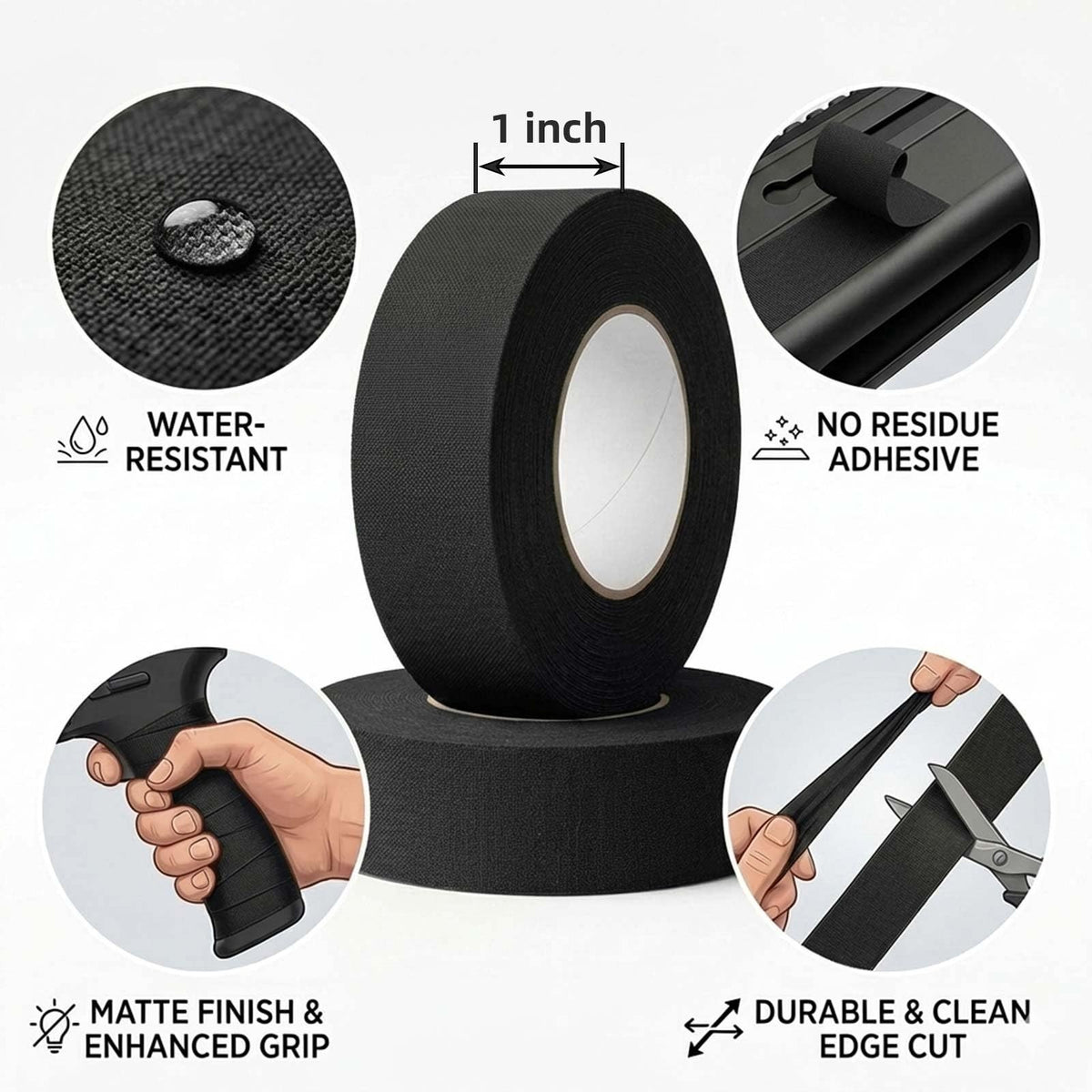 Tactical Grip Tape for Firearms & Sports Equipment - Non-Reflective, No Residue, Black, 2 Rolls