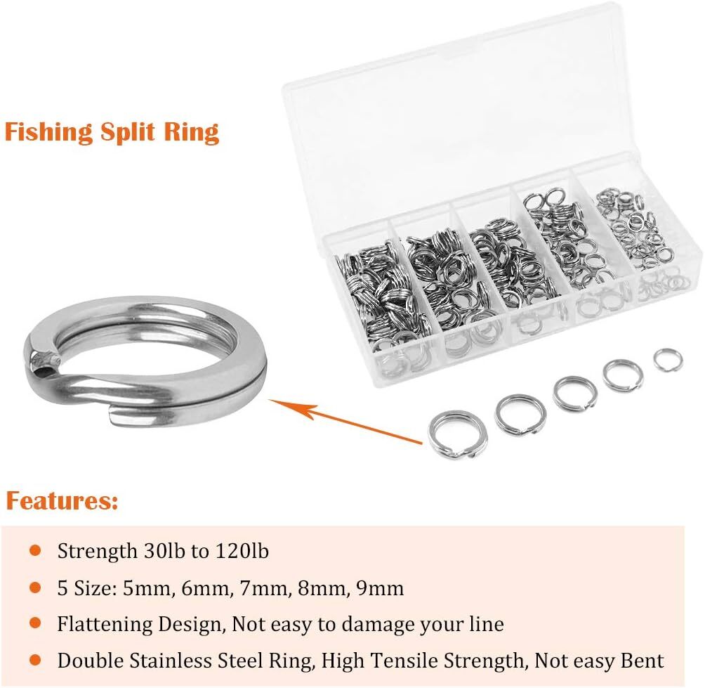 Stainless Steel Fishing Split Rings Set 5 Sizes for Lures & Connectors - 201 Pieces