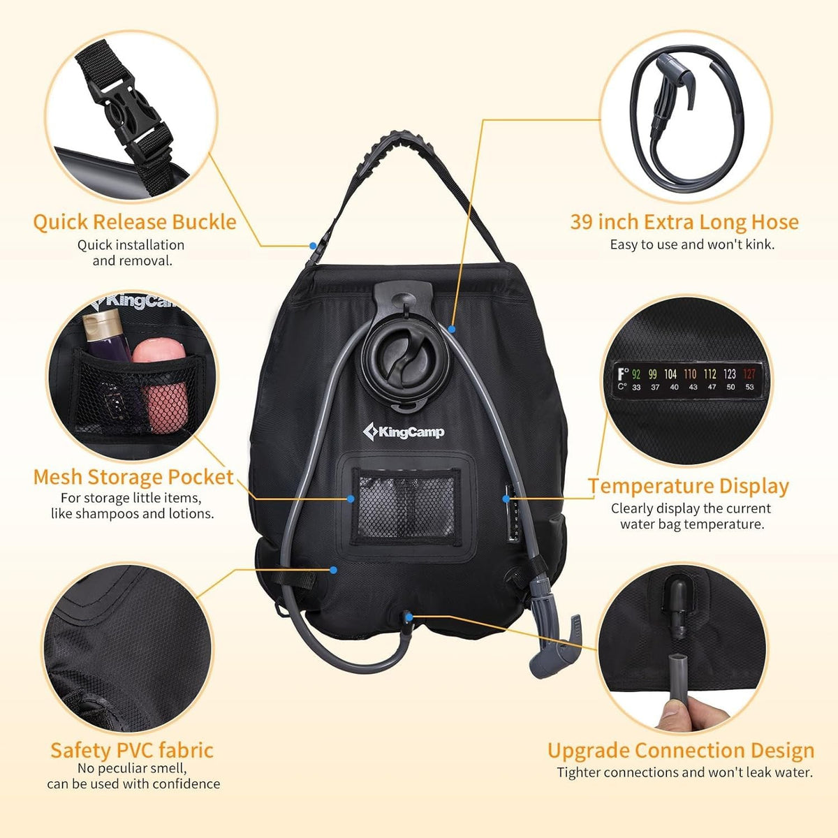 Portable Solar Shower Bag 5 Gallon with Thermometer & Removable Hose for Camping