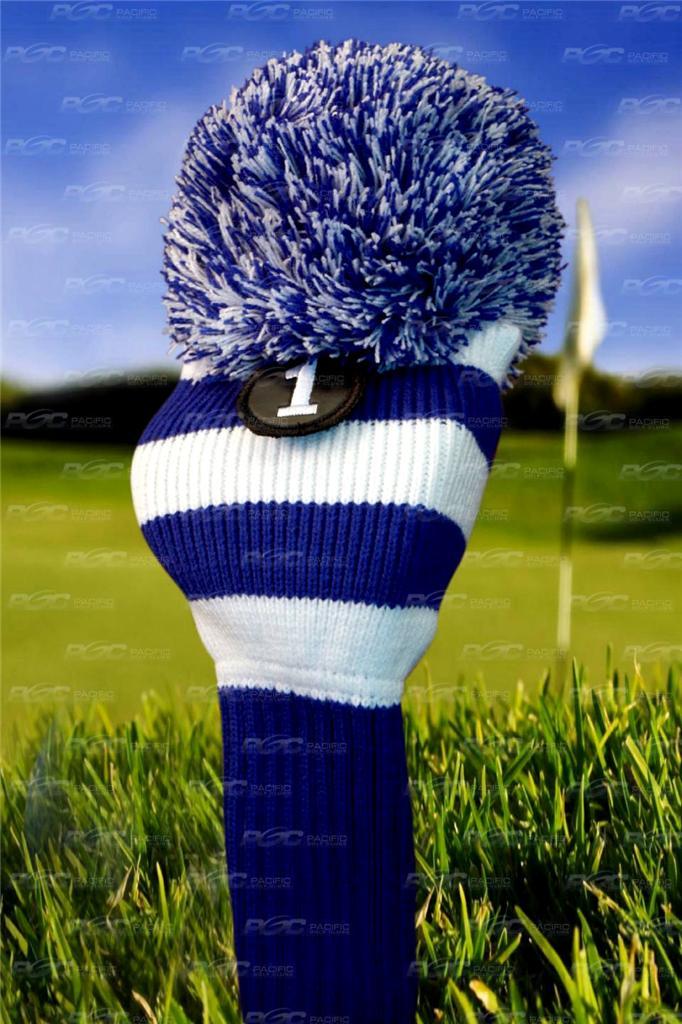 Golf Club Headcover with Pom Pom Knit Sock for Drivers - Blue & White