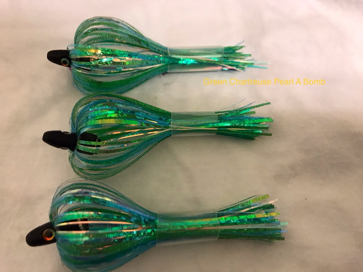 Salmon Trolling Flies Pack of 3 - Rigged Green Chartreuse Pearl A Bomb