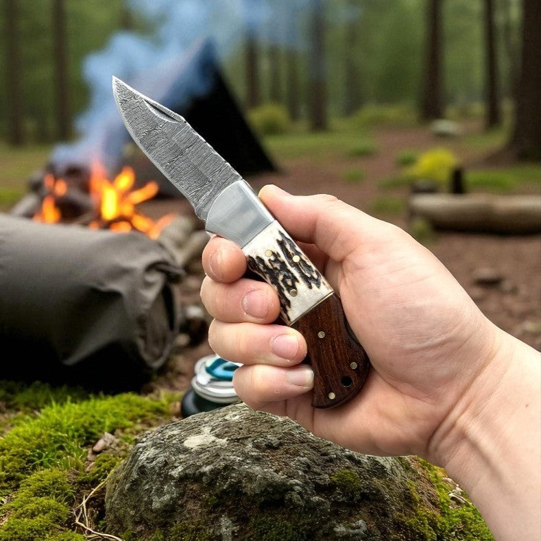 Personalized Damascus Folding Knife with Stag Antler and Rosewood Handle - Custom Engraving Gift