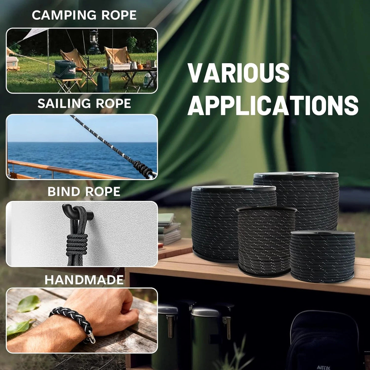 Reflective Paracord Rope 200ft 4mm, Strong Nylon Camping & Outdoor Cord