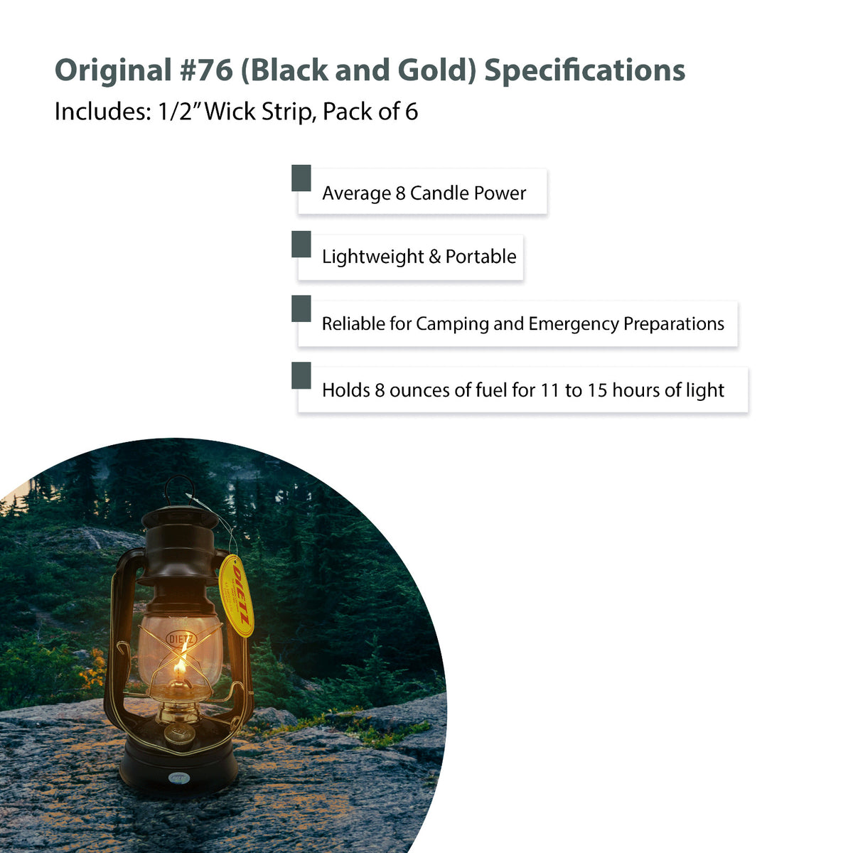 Oil Lantern with Black and Gold Finish, 8 Candlepower, 10-Inch Portable Camping Light