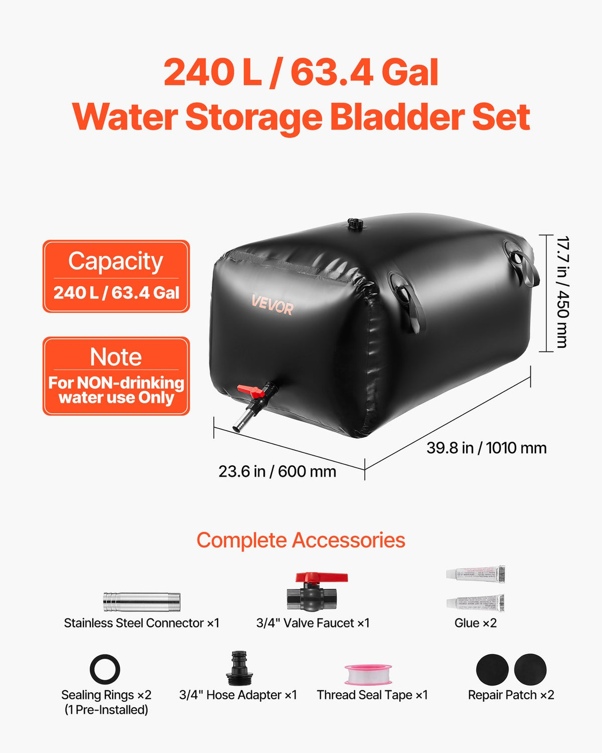Collapsible Water Storage Bladder - 63.4 Gallon Heavy-Duty PVC Tank for Outdoor Use