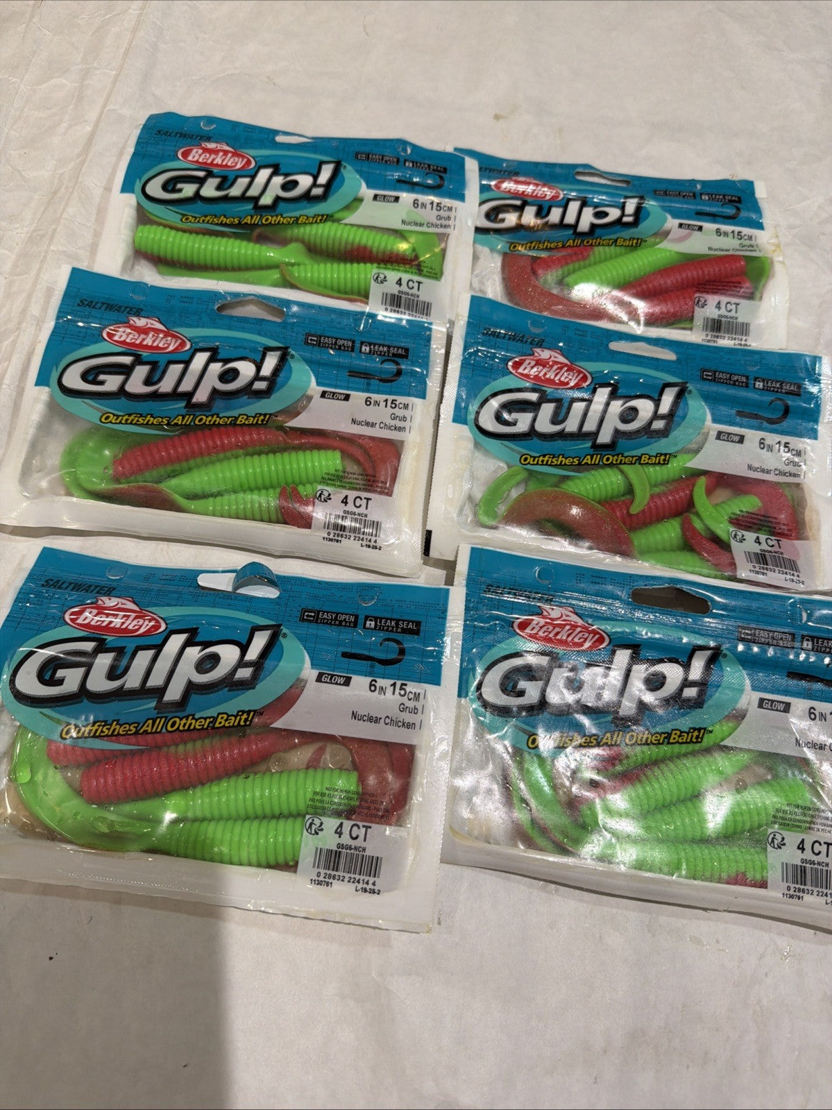Saltwater Fishing Soft Plastic Baits - Glow Grubs 6 Inch, Nuclear Chicken, 6 Packs