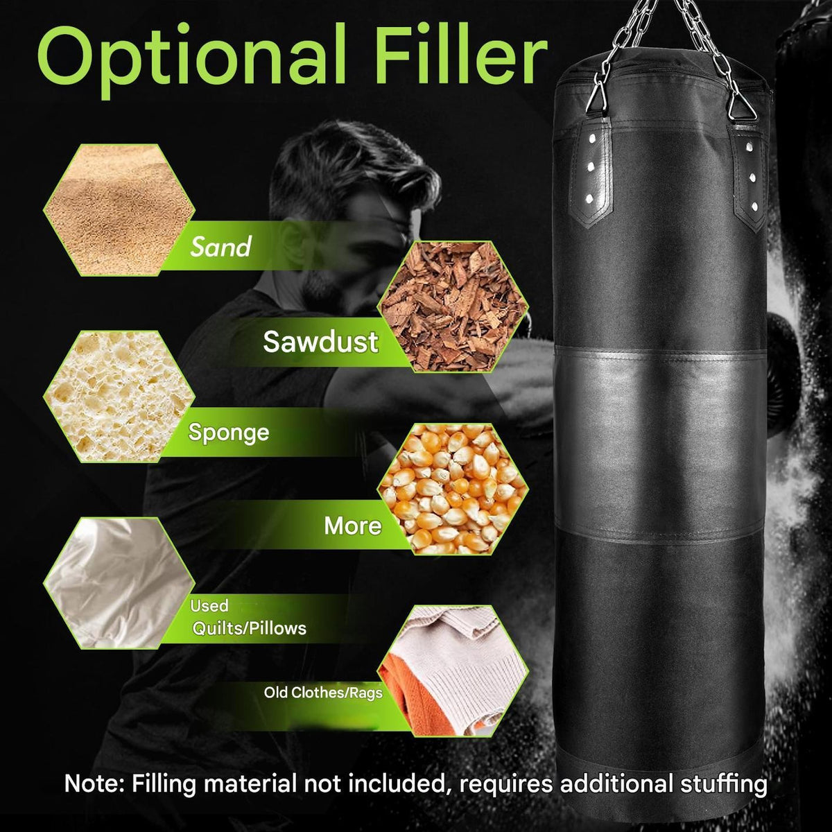 Heavy Boxing Punching Bag with Adjustable Filling and Accessories - Unfilled, Non Tear PU Leather